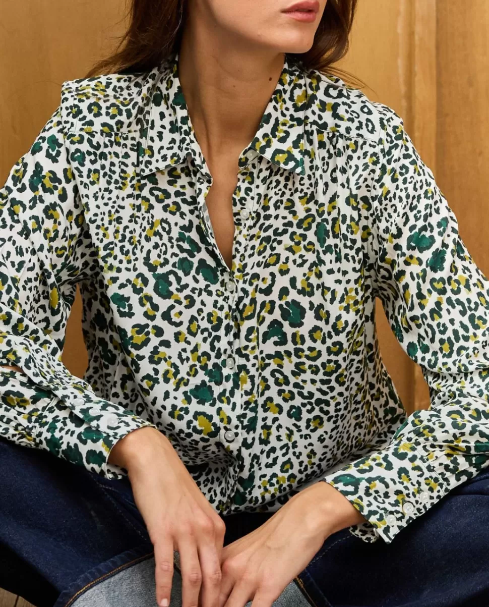 Femme Acanthe Chemisiers | Blouse fluide manches bouffantes imprimé panthère vert