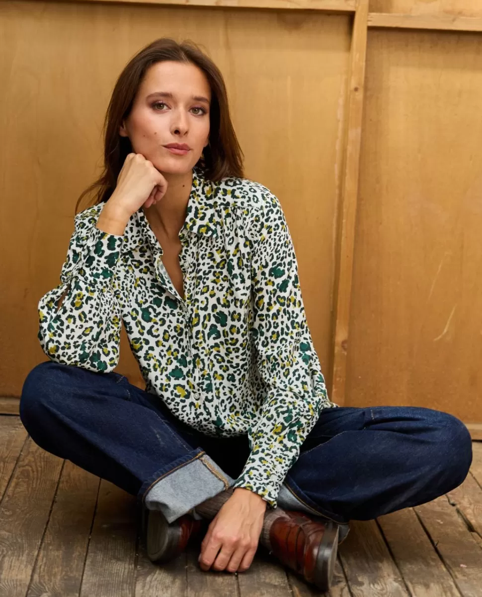 Femme Acanthe Chemisiers | Blouse fluide manches bouffantes imprimé panthère vert