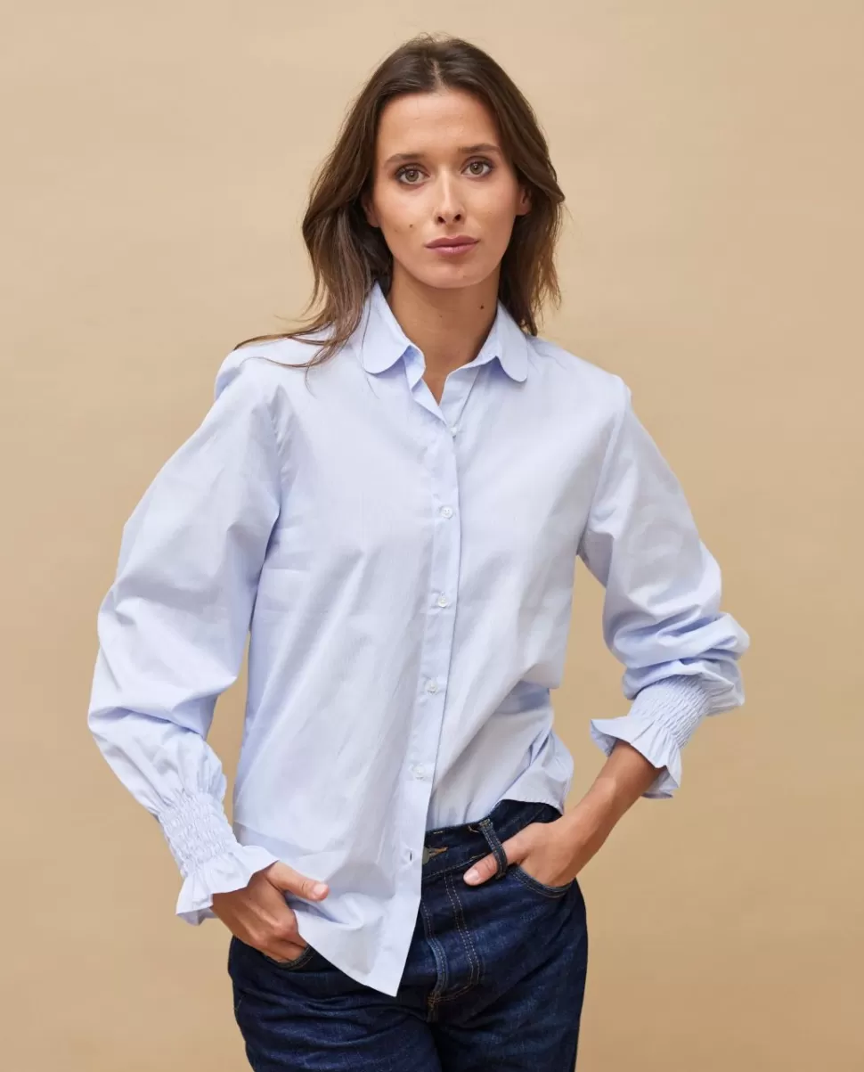 Femme Acanthe Chemisiers | Blouse poignets smockés fine rayure ciel