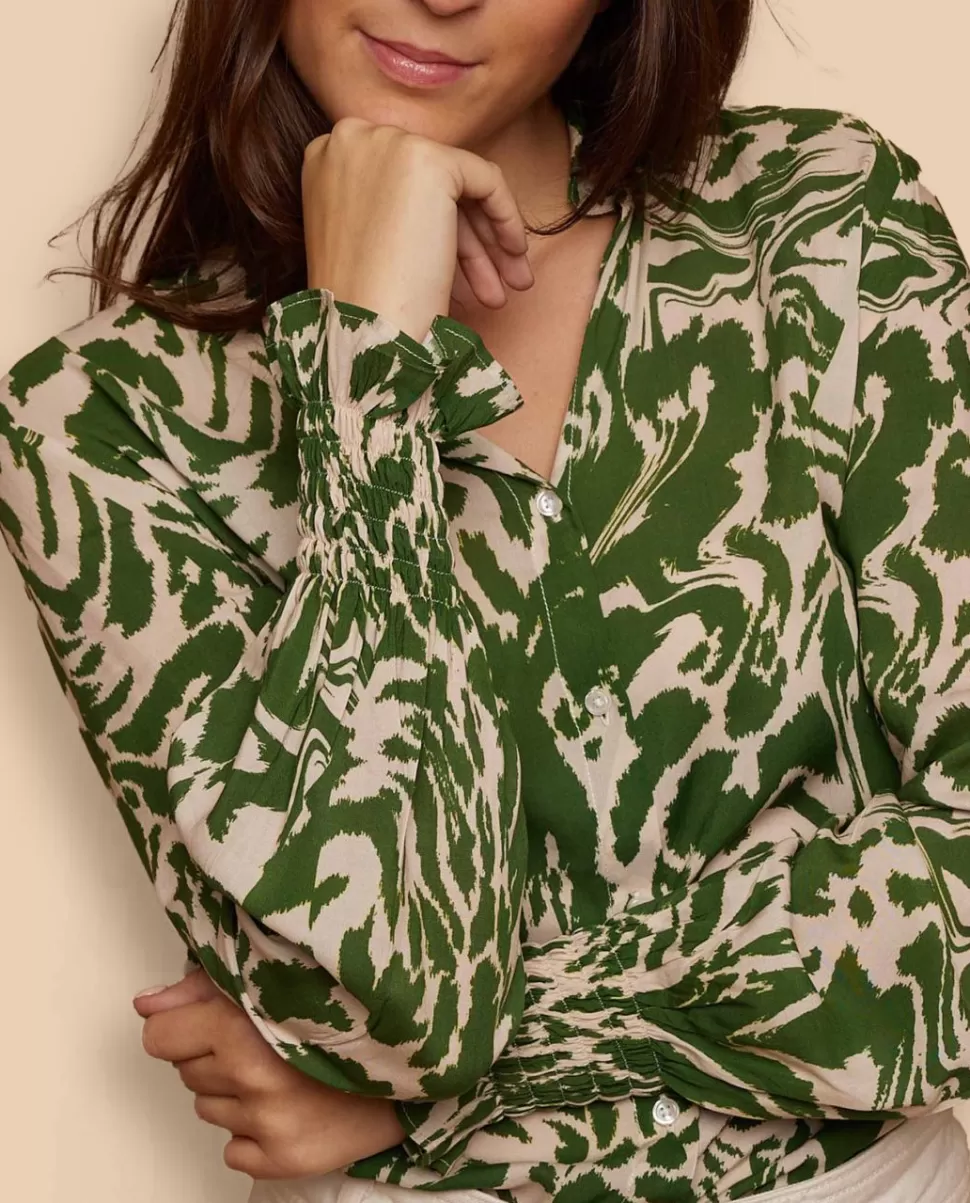 Femme Acanthe Chemisiers | Blouse poignets smockés imprimé vert/écru