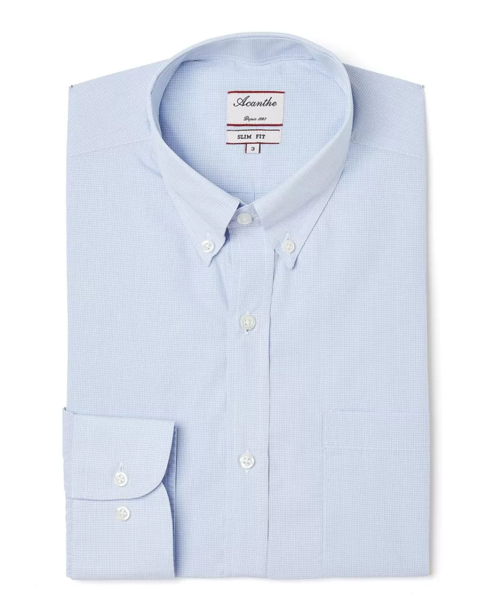 Homme Acanthe Chemises | Chemise ajustée col boutonné microvichy ciel