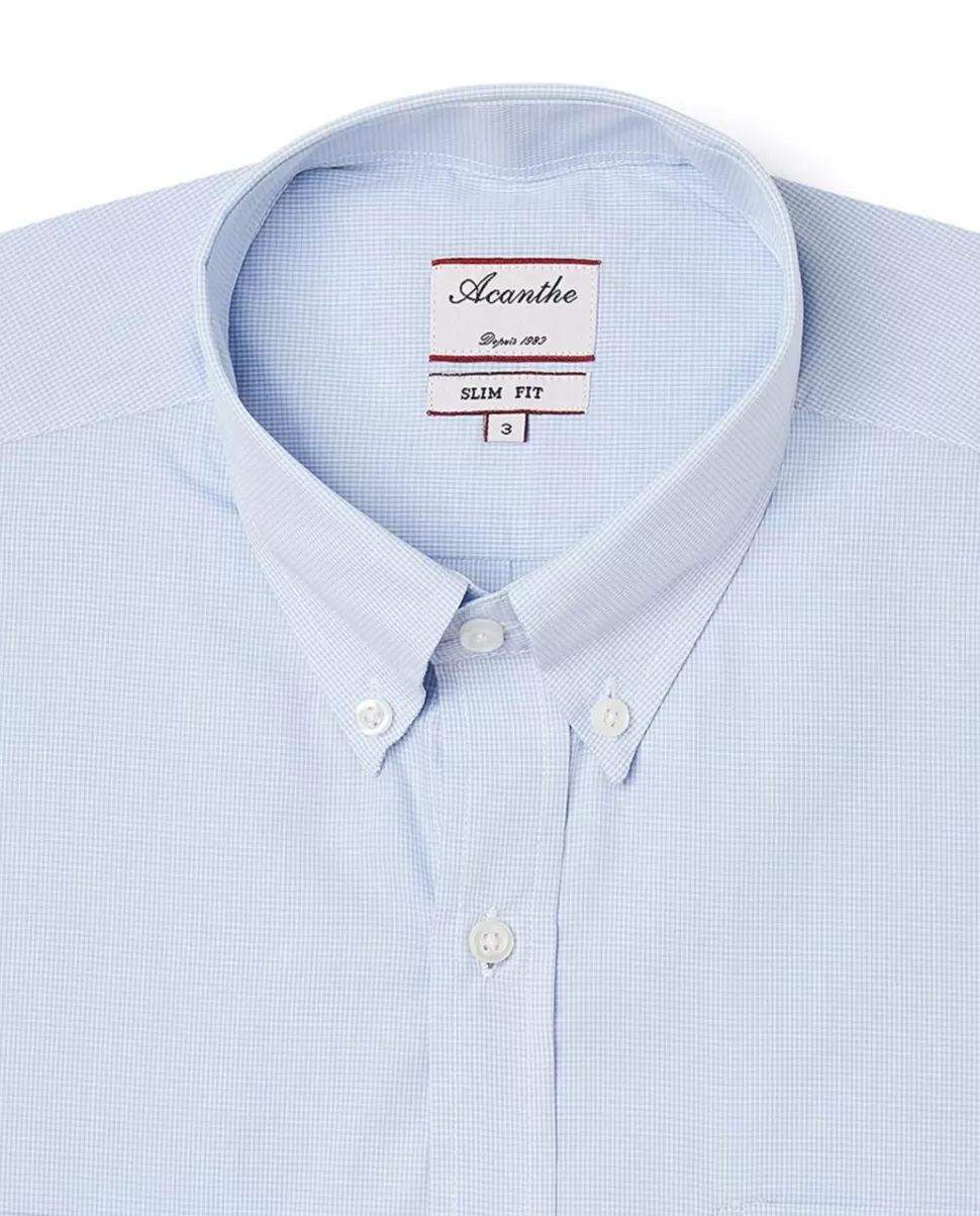 Homme Acanthe Chemises | Chemise ajustée col boutonné microvichy ciel