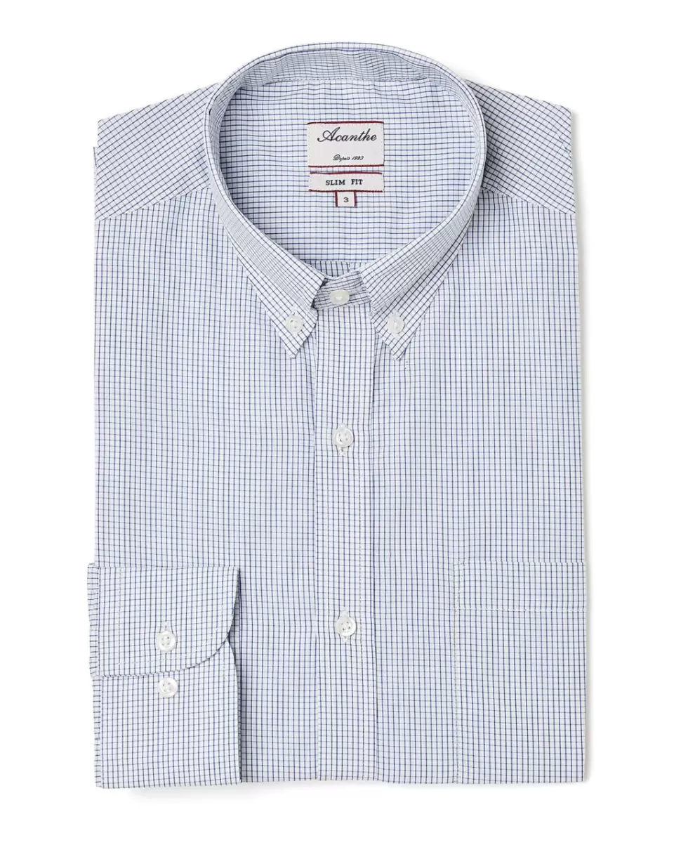 Homme Acanthe Chemises | Chemise ajustée col boutonné petit carreau bleu