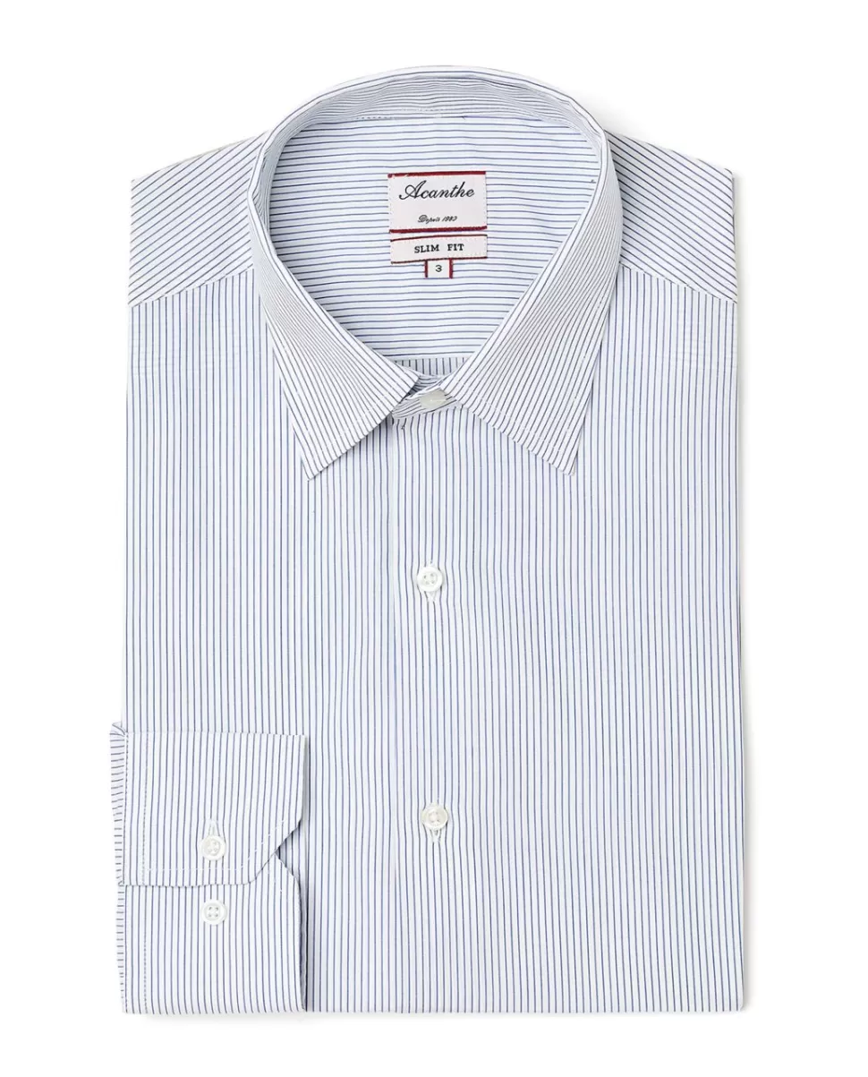 Homme Acanthe Chemises | Chemise ajustée col italien fines rayures bleu