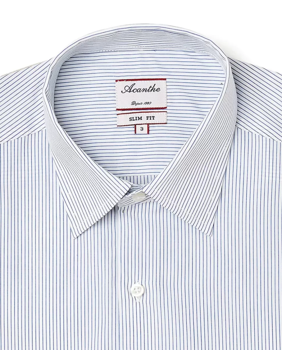 Homme Acanthe Chemises | Chemise ajustée col italien fines rayures bleu