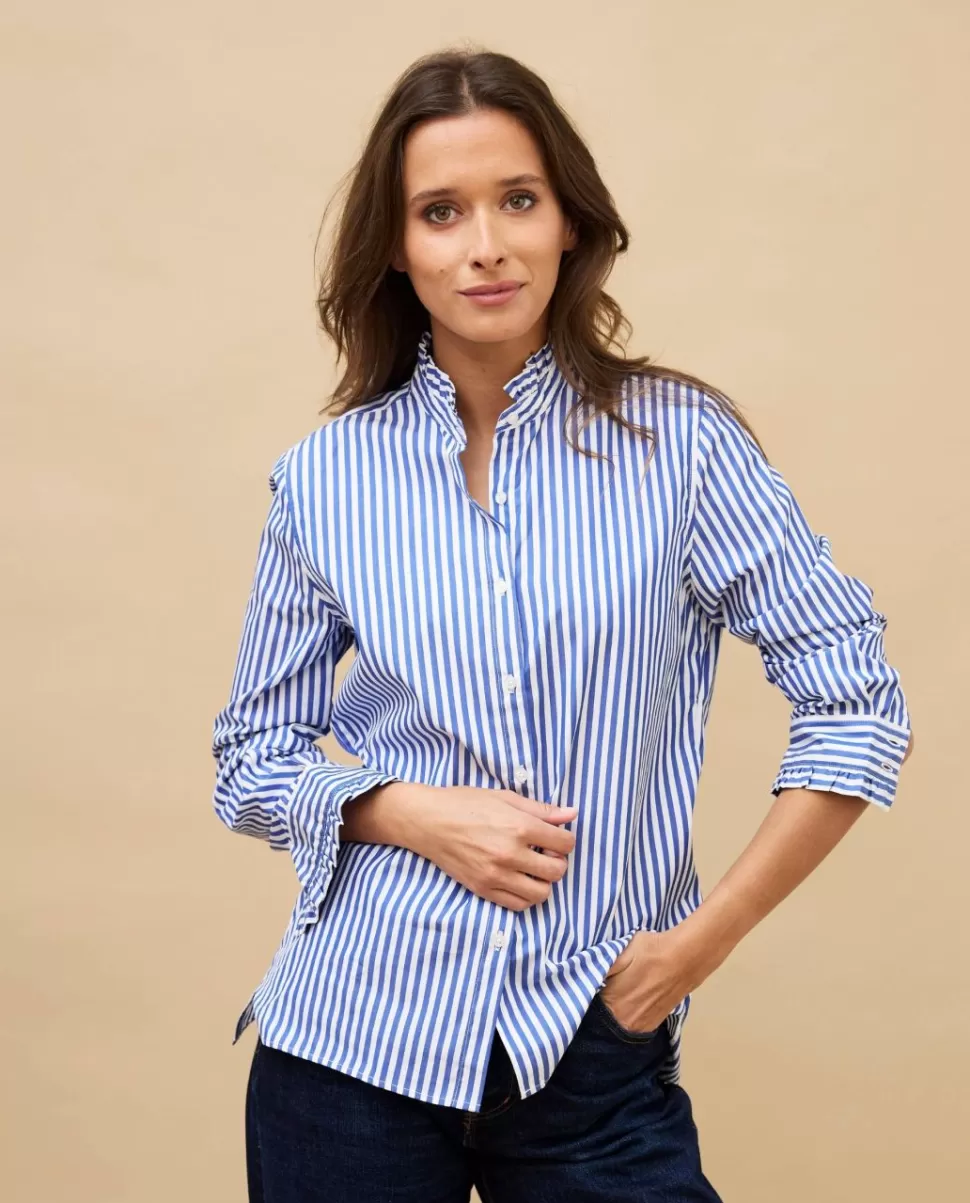 Femme Acanthe Chemisiers | Chemisier col et poignets à volants large rayure bleue