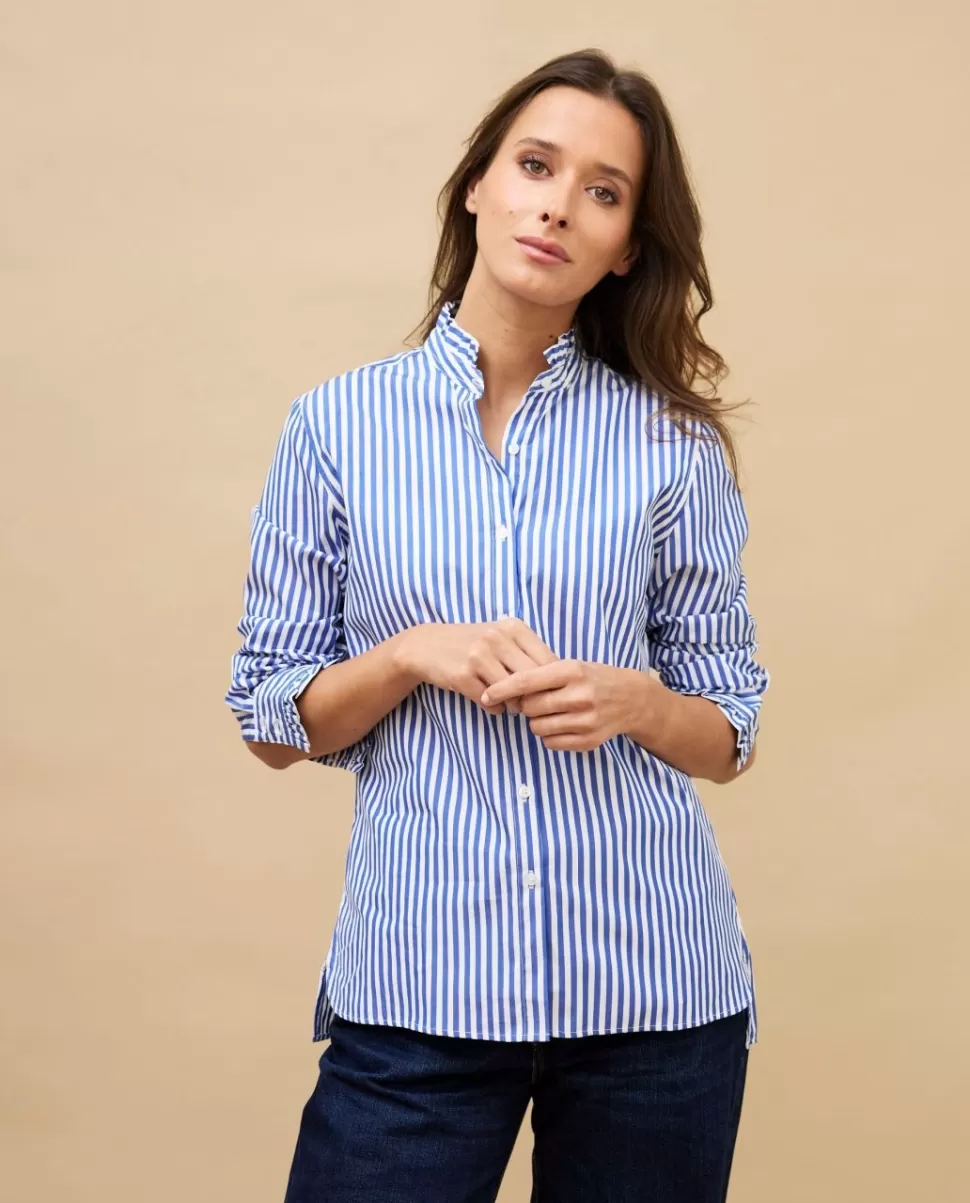 Femme Acanthe Chemisiers | Chemisier col et poignets à volants large rayure bleue