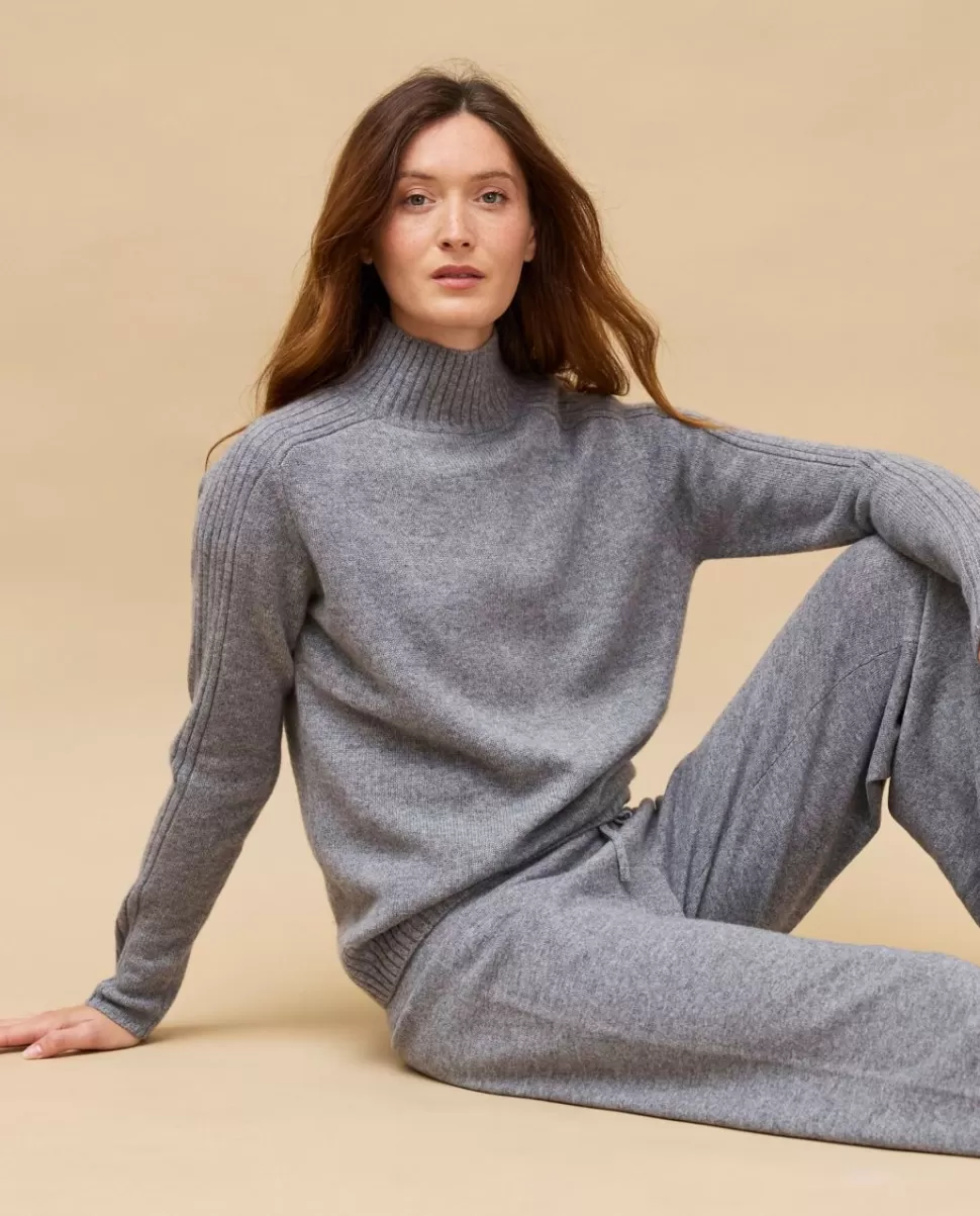 Femme Acanthe Col Roulé & Col Montant | Pulls & Cardigans | Pull col montant côtes gris moyen 100% cachemire