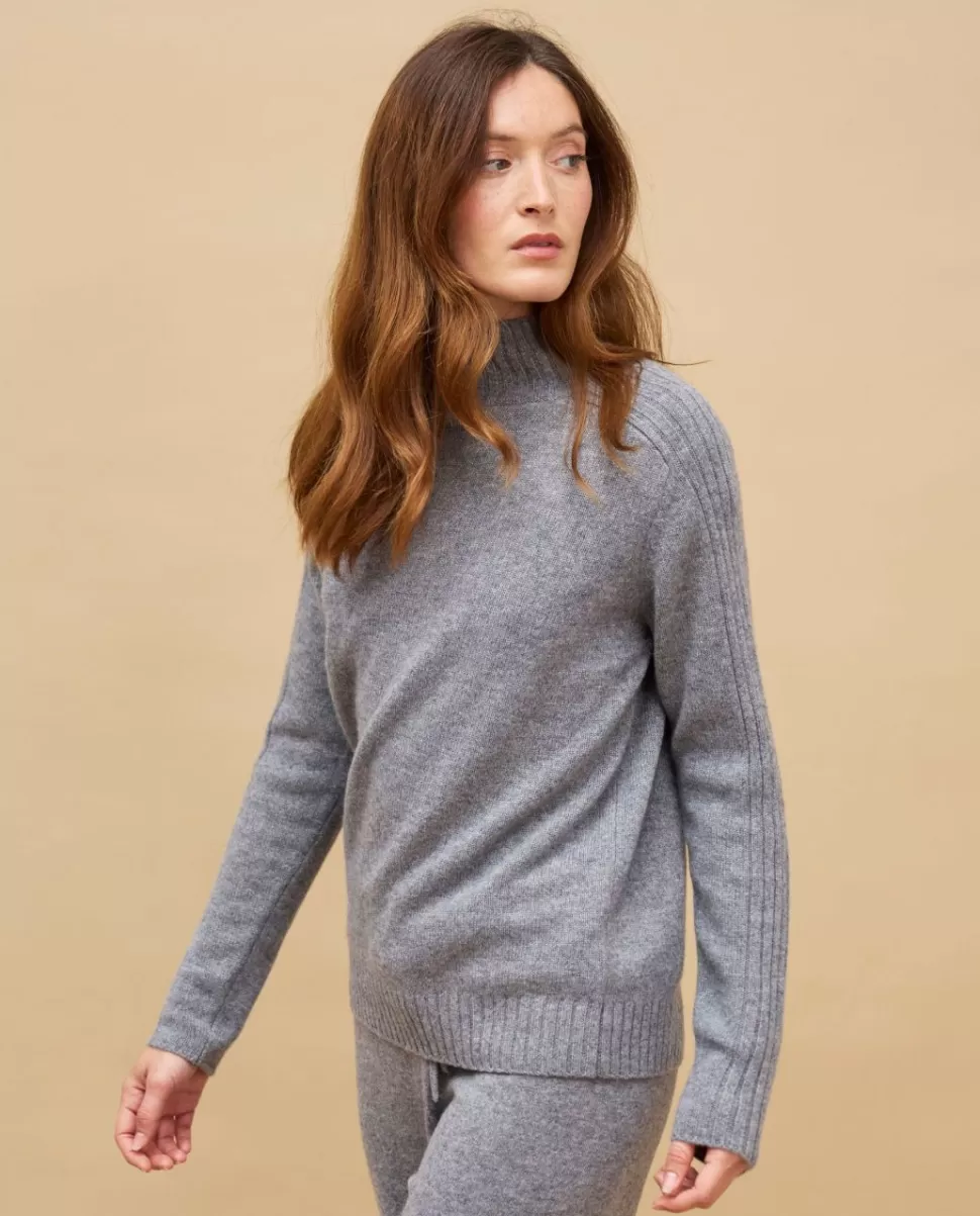 Femme Acanthe Col Roulé & Col Montant | Pulls & Cardigans | Pull col montant côtes gris moyen 100% cachemire