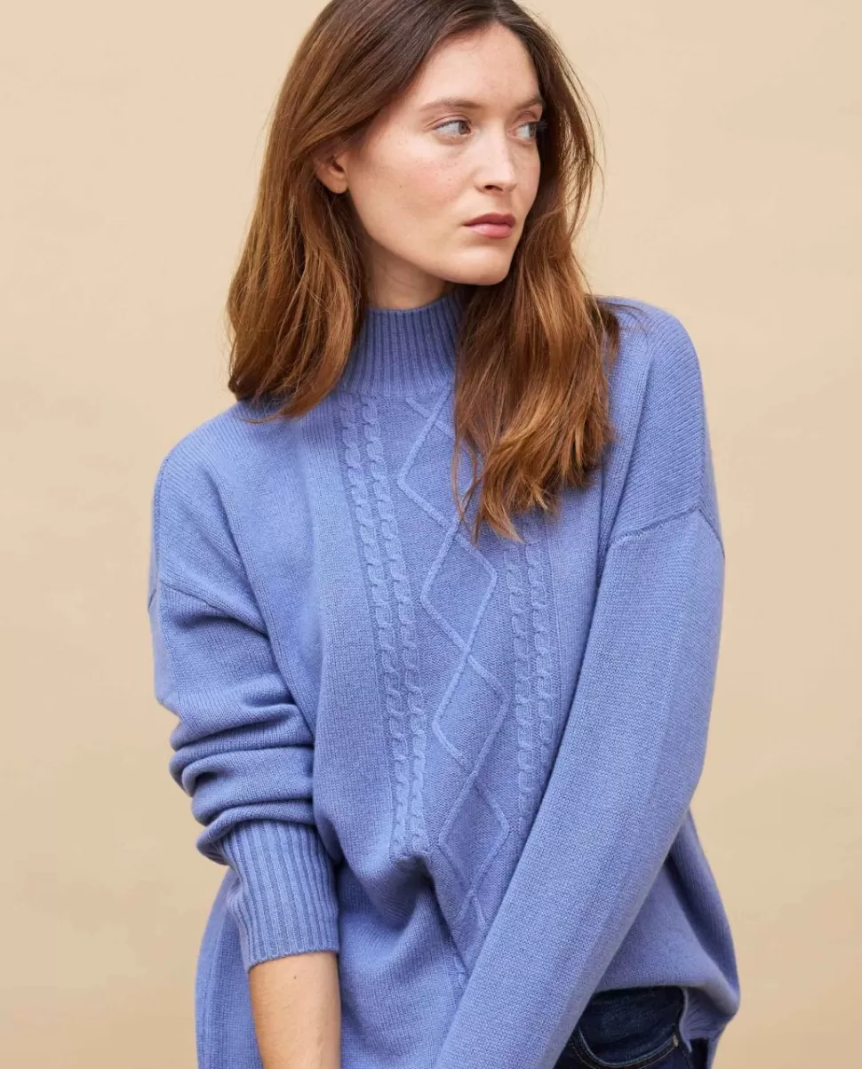 Femme Acanthe Col Roulé & Col Montant | Pulls & Cardigans | Pull col montant torsade bleu lavande 100% cachemire
