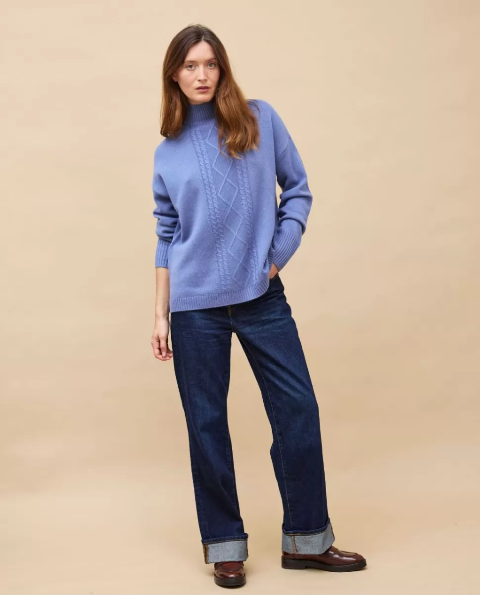Femme Acanthe Col Roulé & Col Montant | Pulls & Cardigans | Pull col montant torsade bleu lavande 100% cachemire