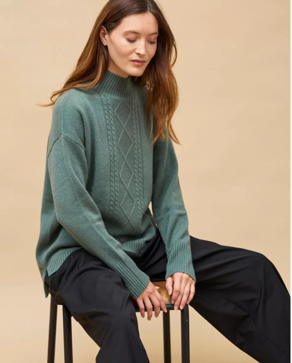 Femme Acanthe Col Roulé & Col Montant | Pulls & Cardigans | Pull col montant torsade vert mousse 100% cachemire