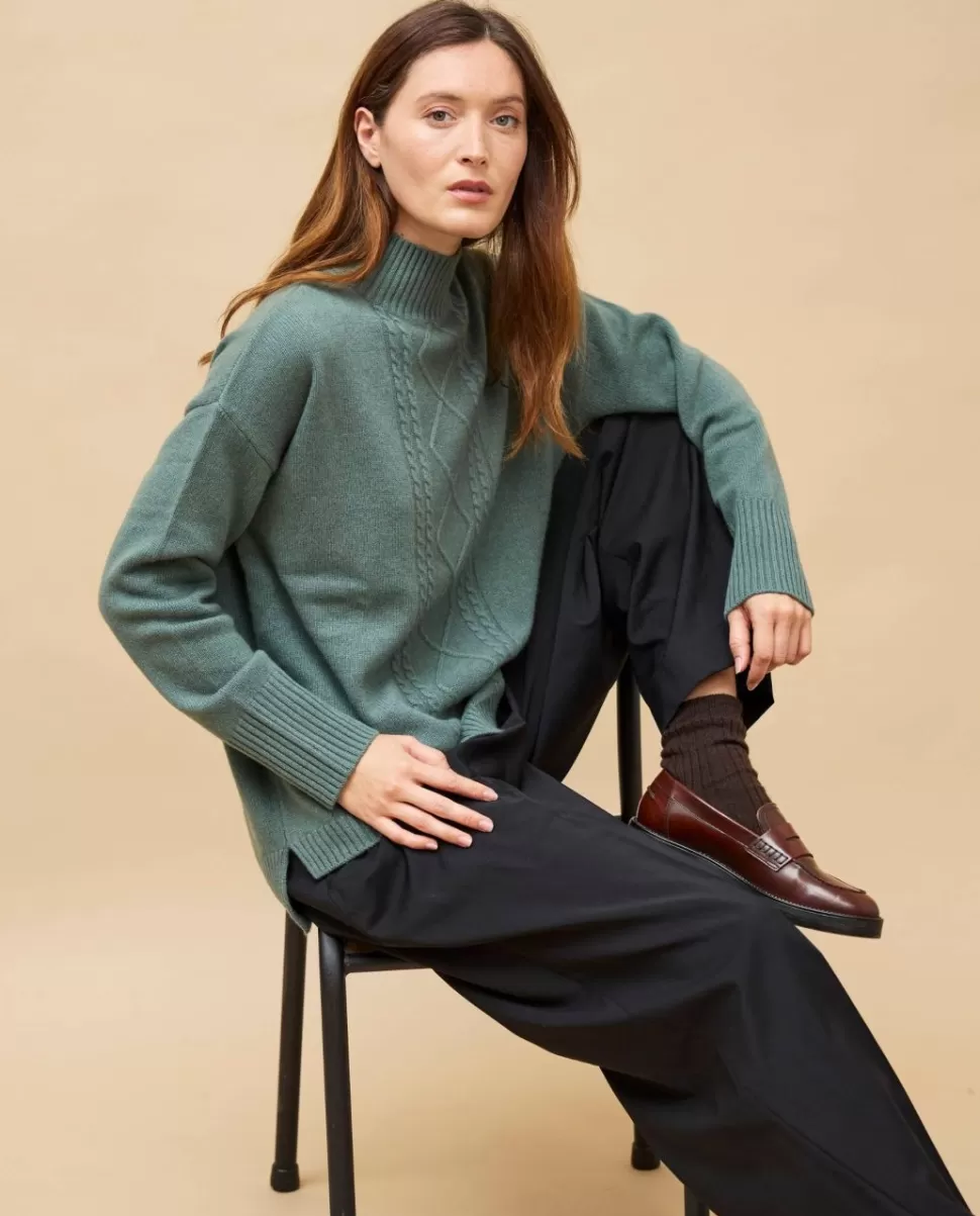 Femme Acanthe Col Roulé & Col Montant | Pulls & Cardigans | Pull col montant torsade vert mousse 100% cachemire