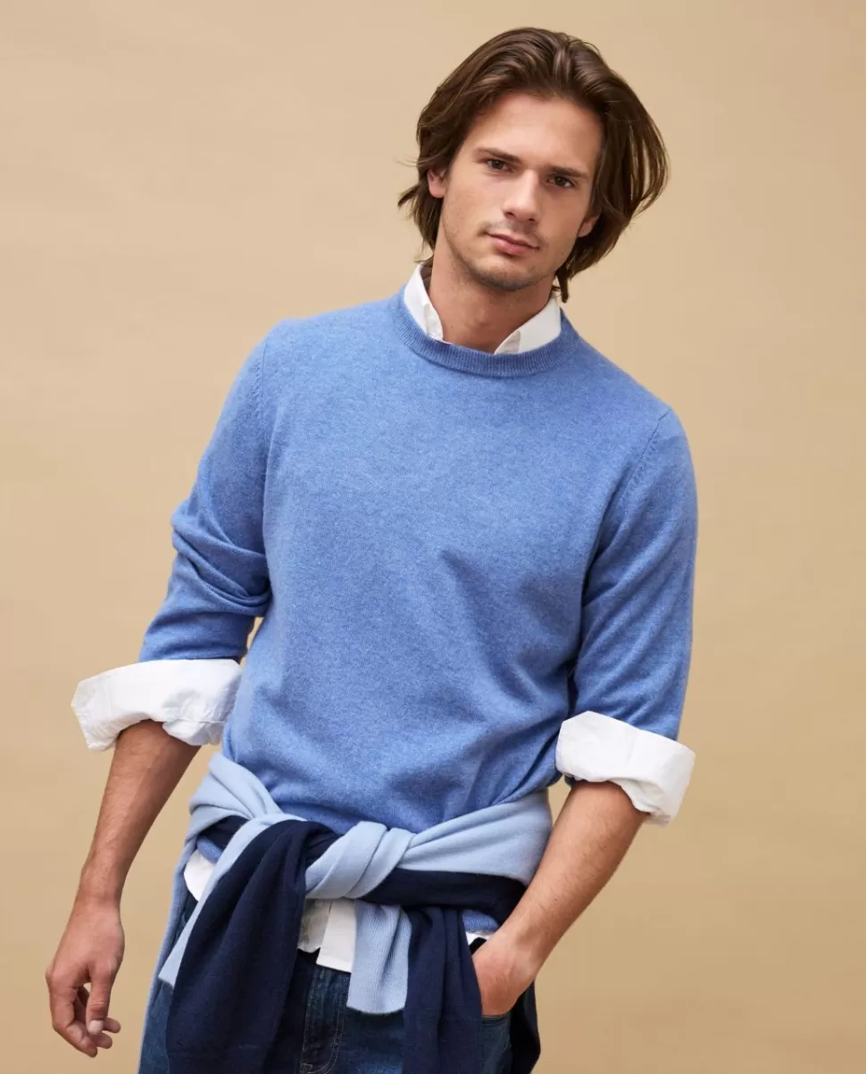 Homme Acanthe Col Rond | Pulls | Pull col rond bleu jean 100% cachemire