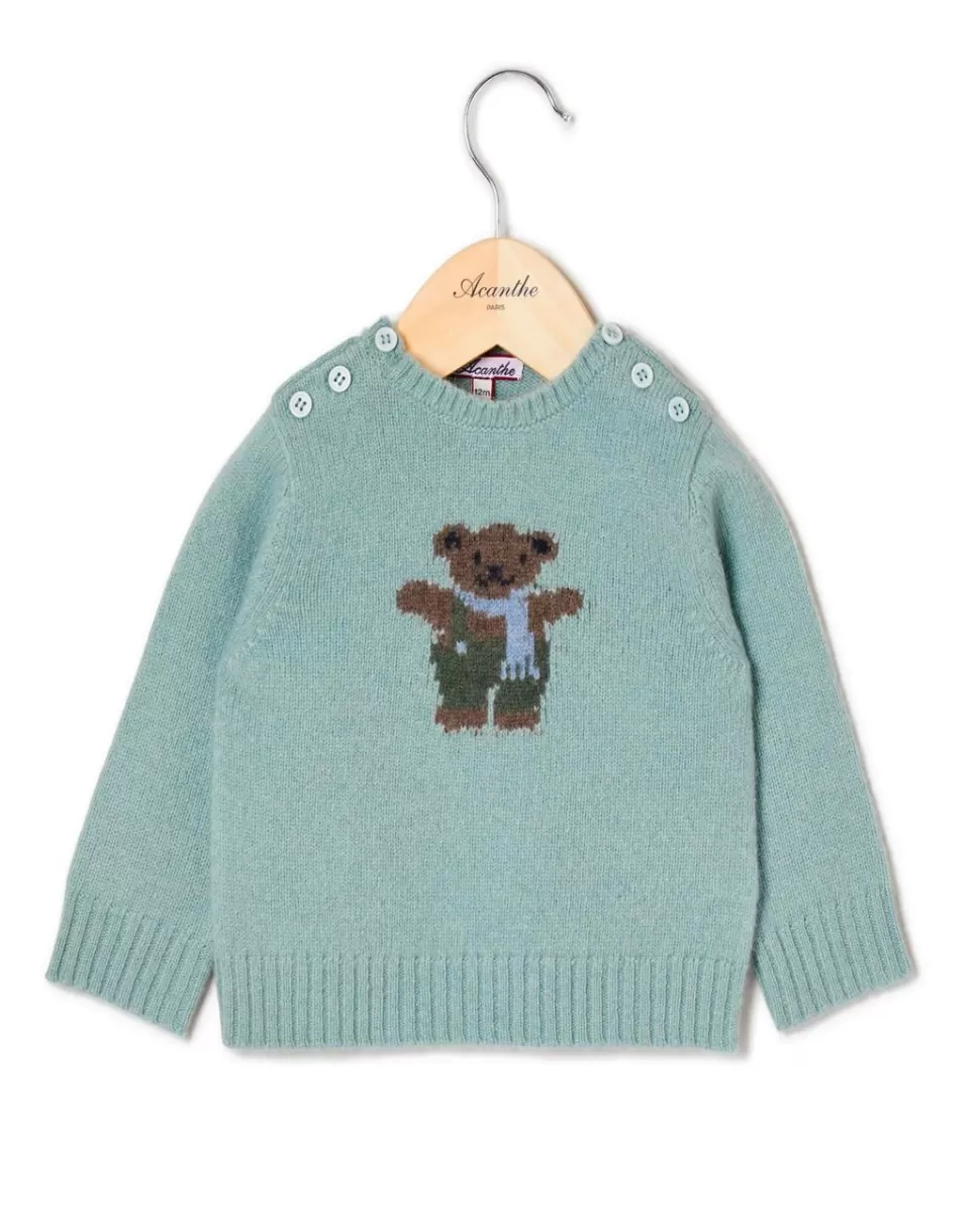 Enfant Acanthe Pulls & Sweats | Pull col rond jacquard ourson vert d'eau 100% lambswool