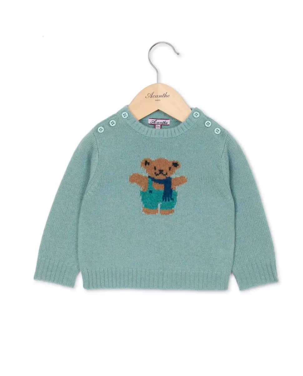 Acanthe Pulls & Cardigans | Pull col rond jacquard ourson vert d'eau 100% lambswool