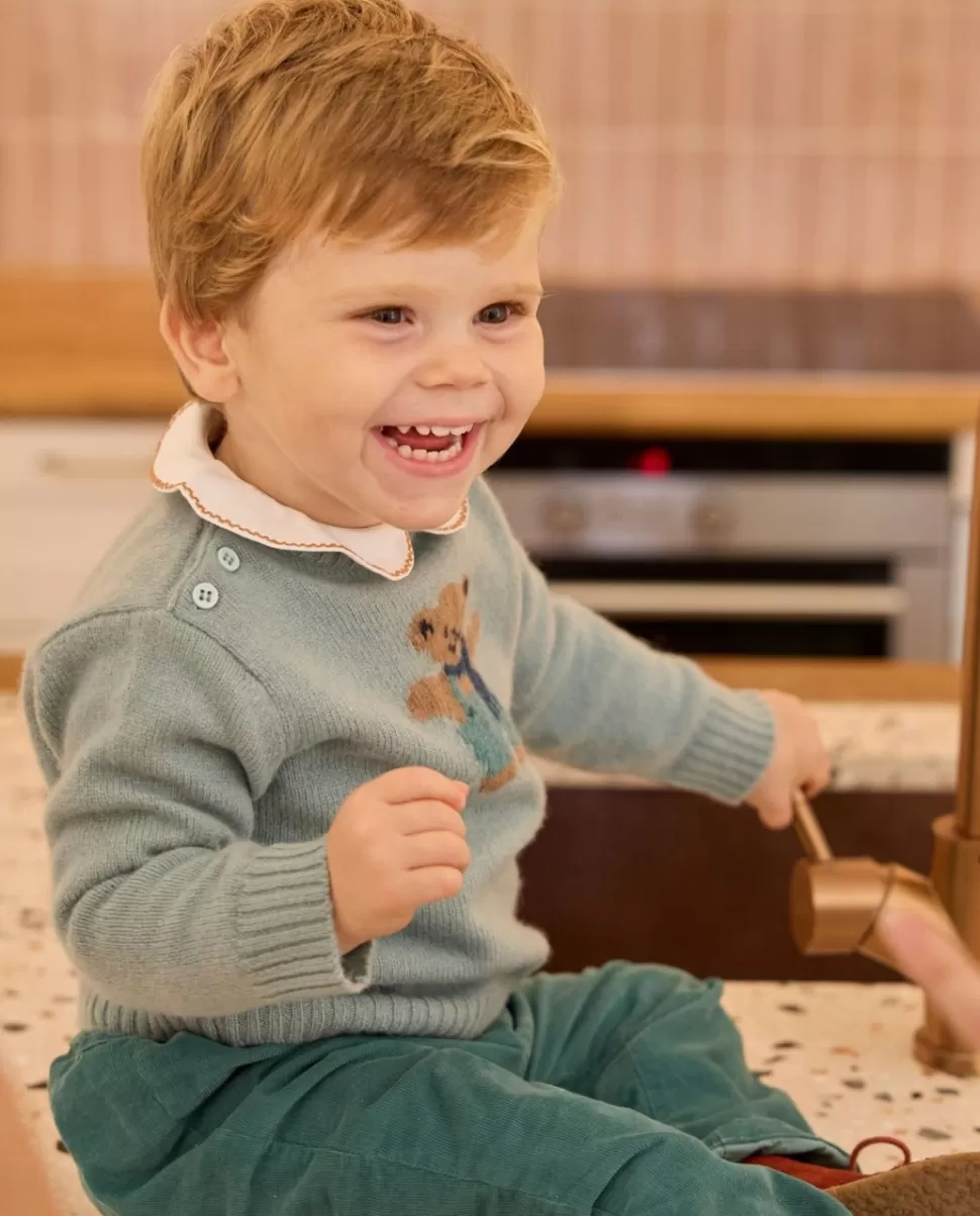 Acanthe Pulls & Cardigans | Pull col rond jacquard ourson vert d'eau 100% lambswool