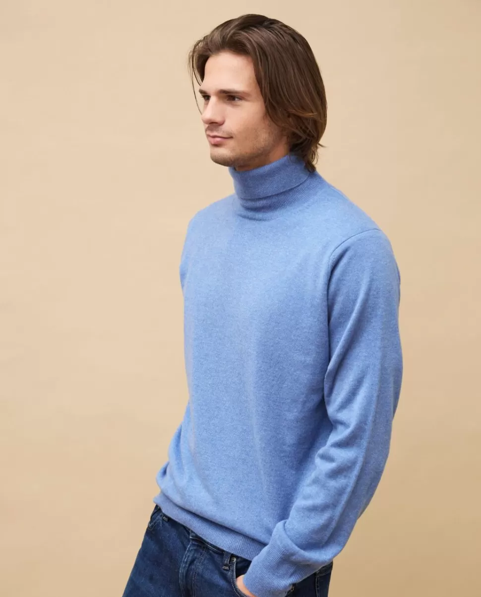 Homme Acanthe Col Roulé | Pulls | Pull col roulé bleu chiné 100% cachemire