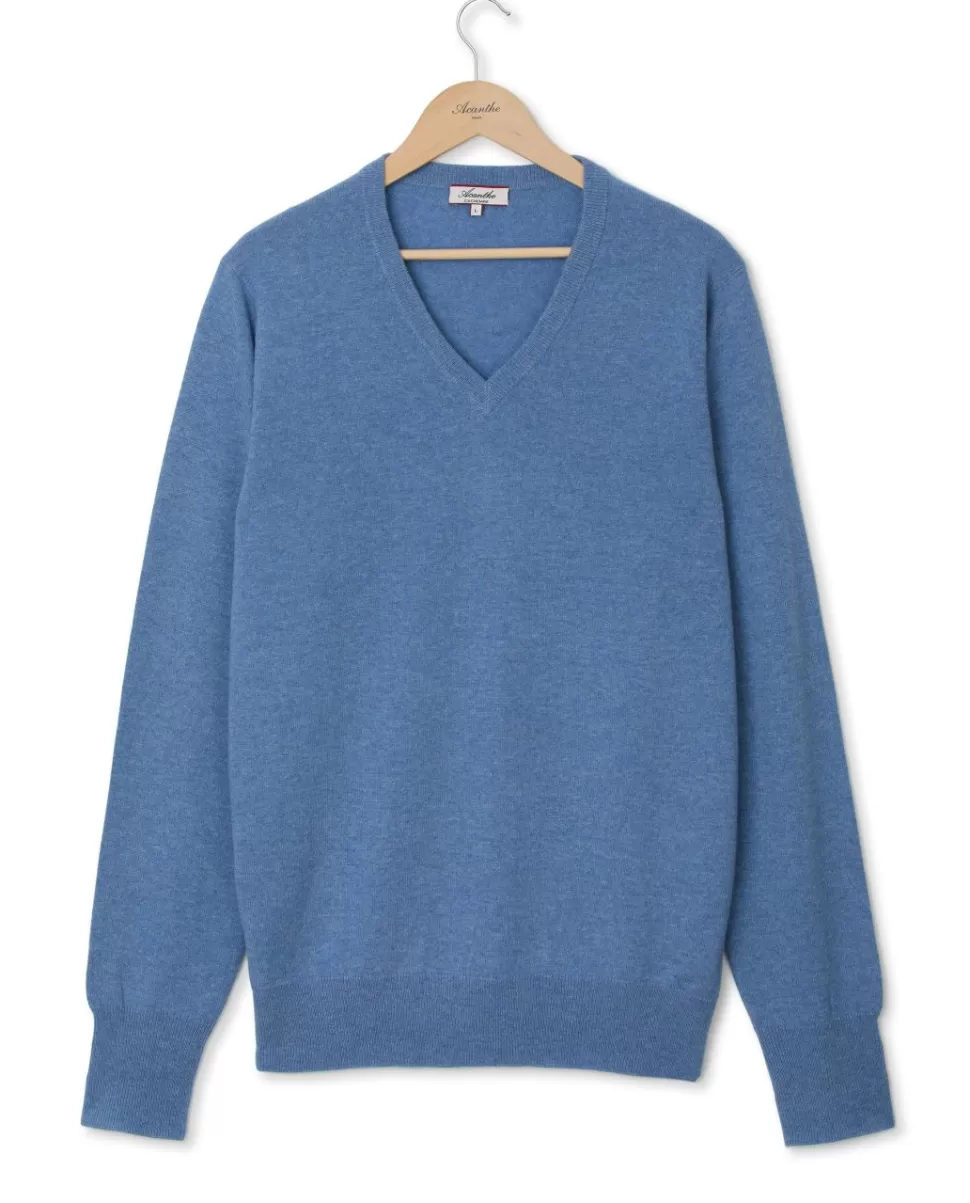 Homme Acanthe Col V | Pulls | Pull col V bleu chiné 100% cachemire