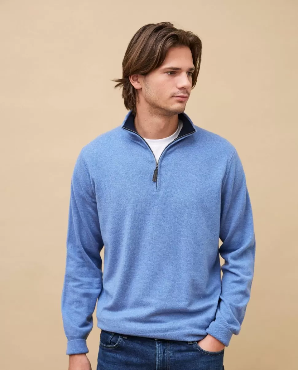 Homme Acanthe Pulls | Pull col zippé bleu chiné 100% cachemire