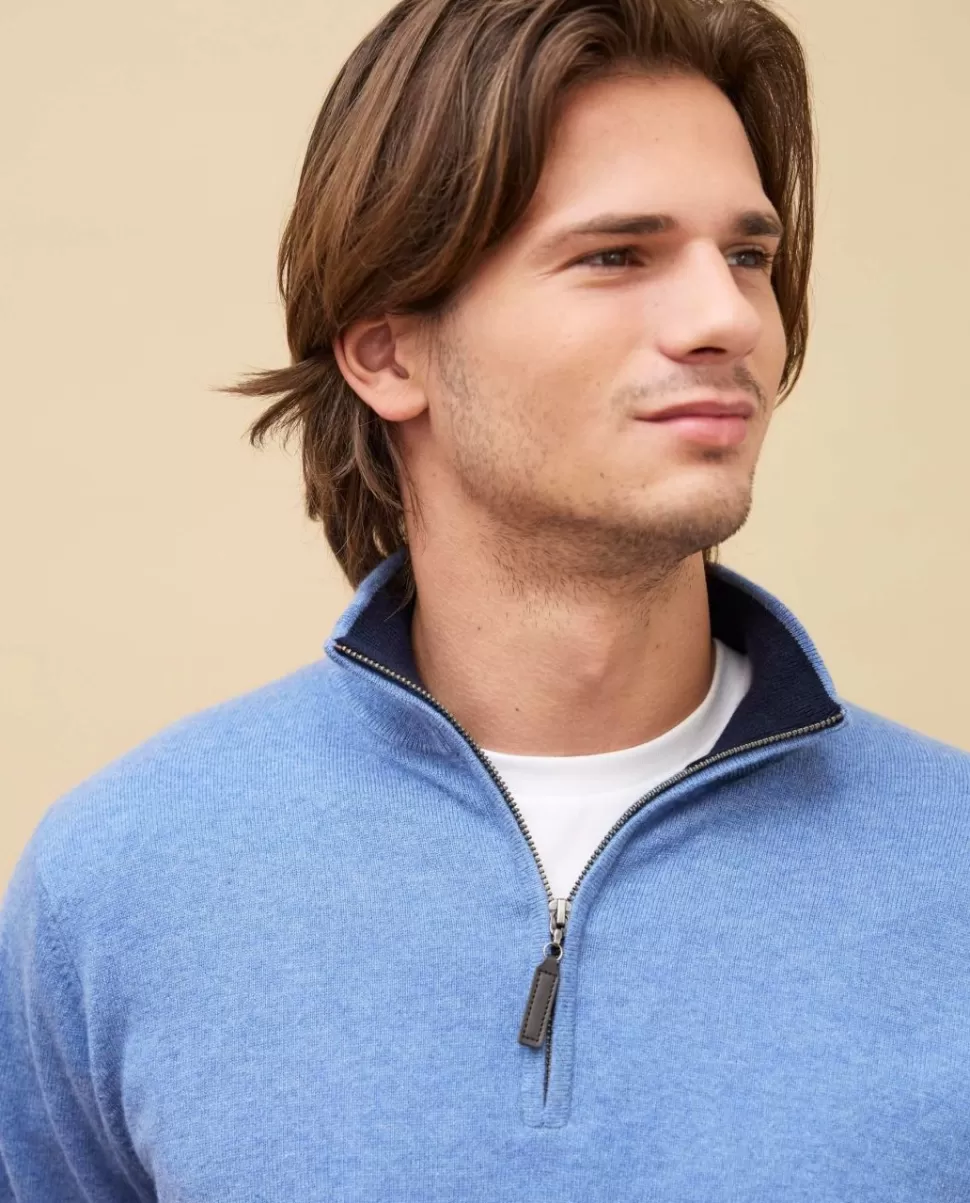 Homme Acanthe Pulls | Pull col zippé bleu chiné 100% cachemire
