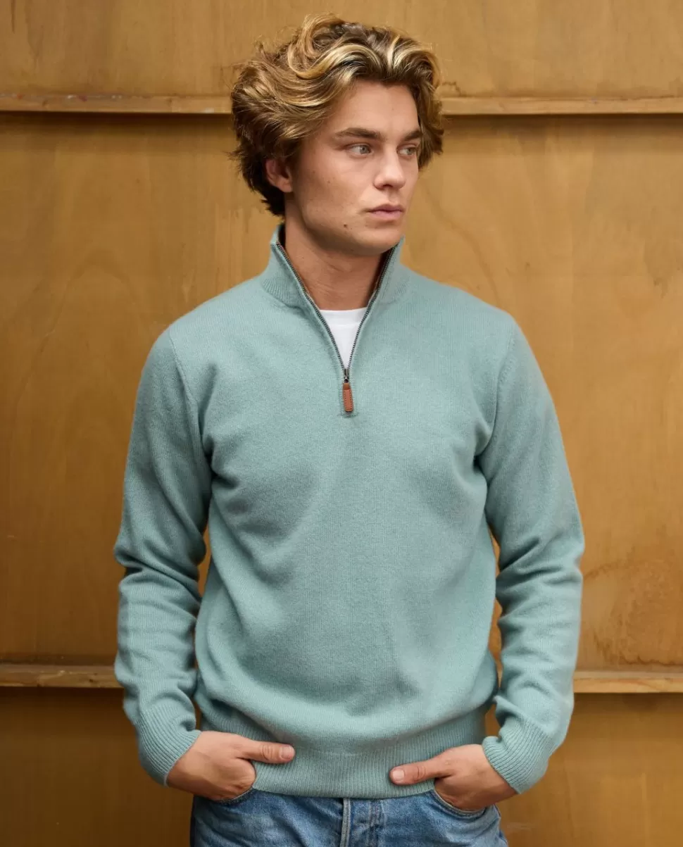 Homme Acanthe Pulls | Pull col zippé vert d'eau 100% lambswool