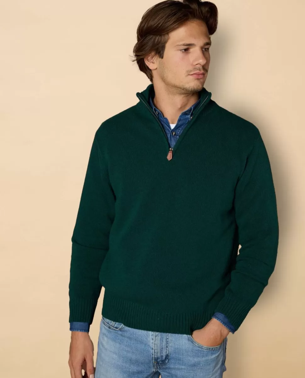 Homme Acanthe Pulls | Pull col zippé vert foncé mérinos-cachemire