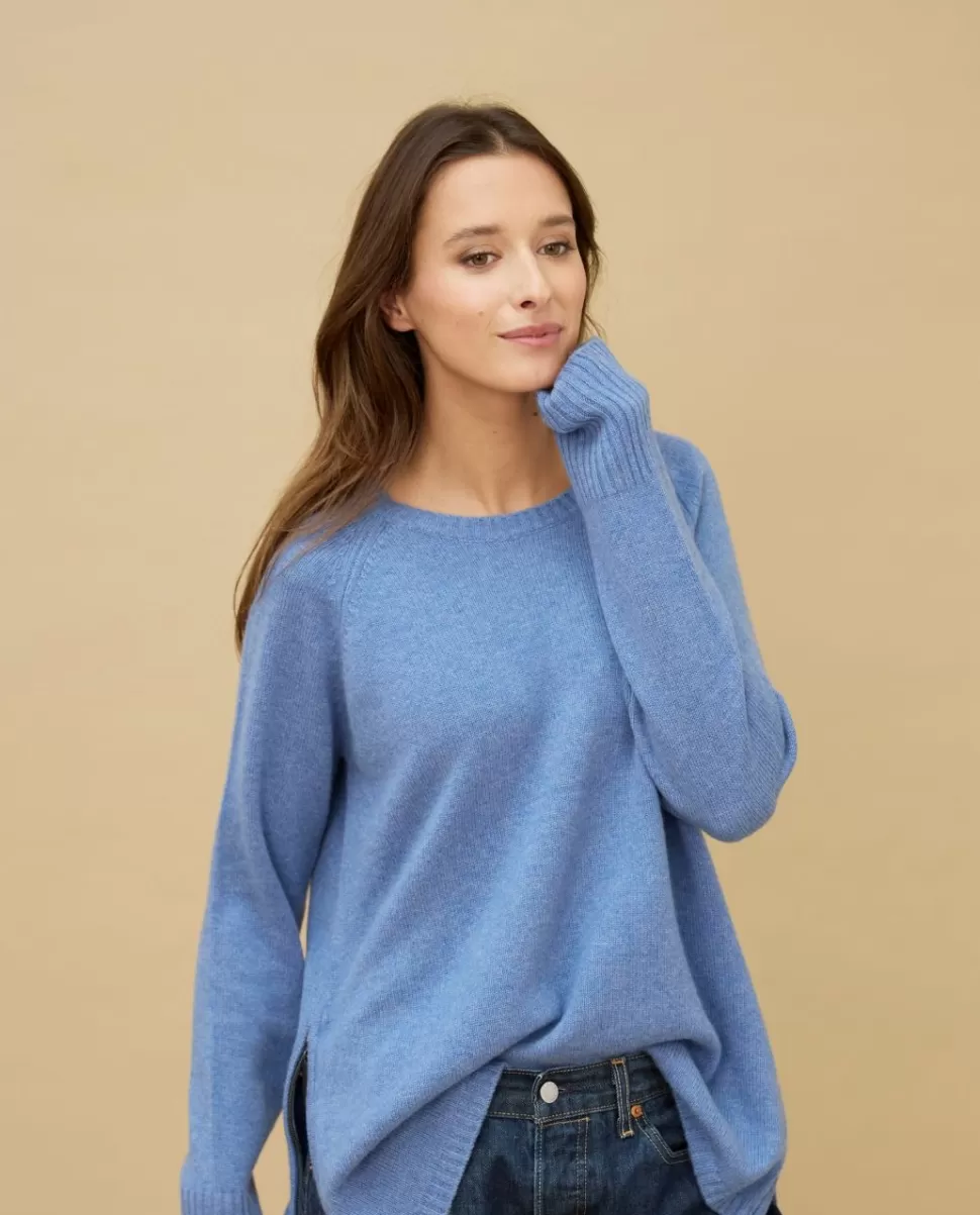 Femme Acanthe Col Rond | Pulls & Cardigans | Pull zips côtés bleu chiné 100% cachemire