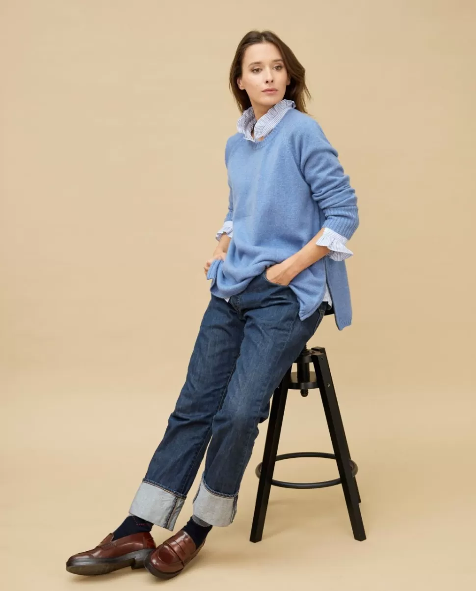 Femme Acanthe Col Rond | Pulls & Cardigans | Pull zips côtés bleu chiné 100% cachemire